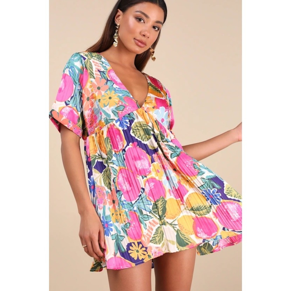NWT Lulus Bright Pink Mini Dress XL Multi Floral Pleated V-Neck Tropical Beach